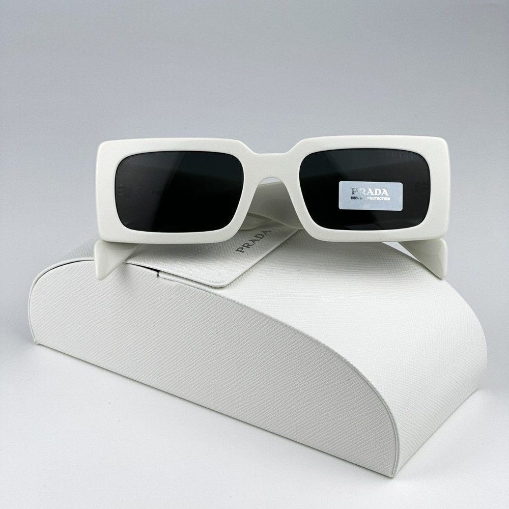 SALE! NEW Prada PR A07S 1425S0 Talc White Dark Grey Rectangle Unisex Sunglasses - Picture 3 of 12